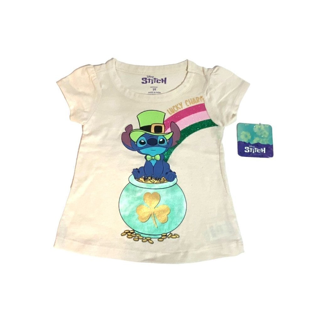 Disney Stitch Lucky Charm Toddler Girls 3T‎ Short Sleeve T-Shirt Glitter Rainbow